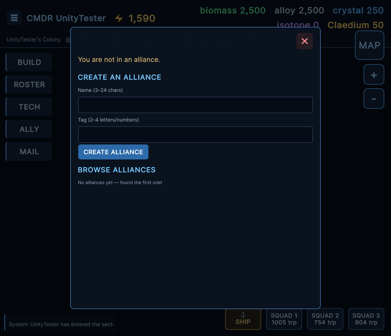Alliance panel — create, browse, join and see members