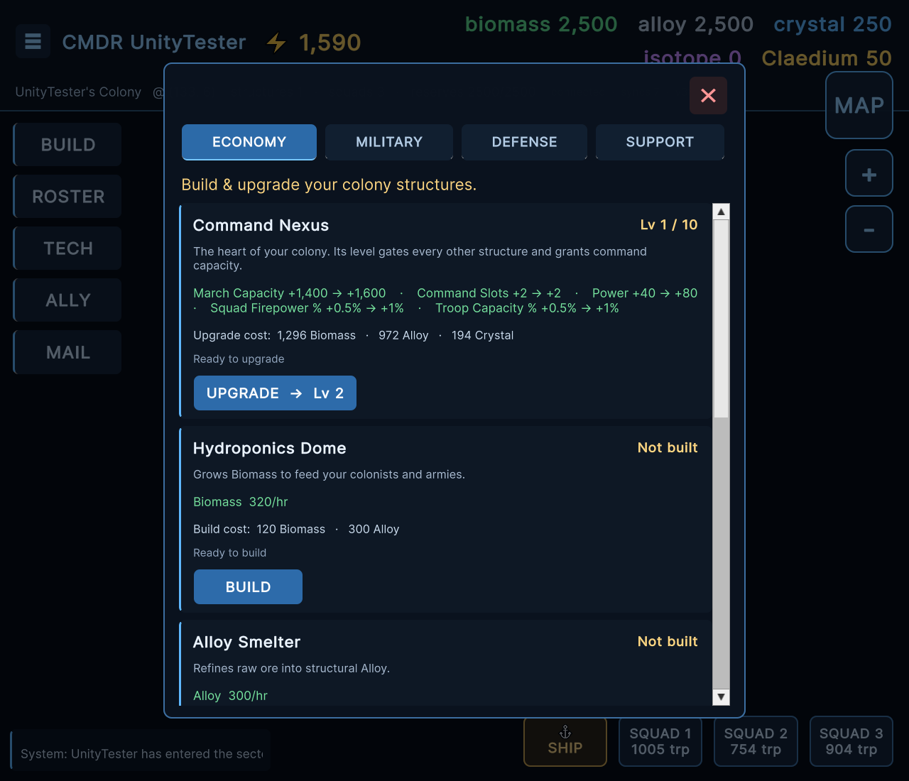 Build menu — structures as cards split into category tabs