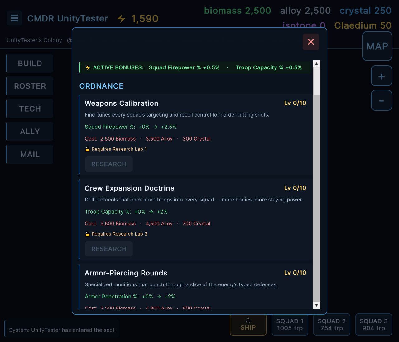 Research tech tree — branch-grouped interactive cards
