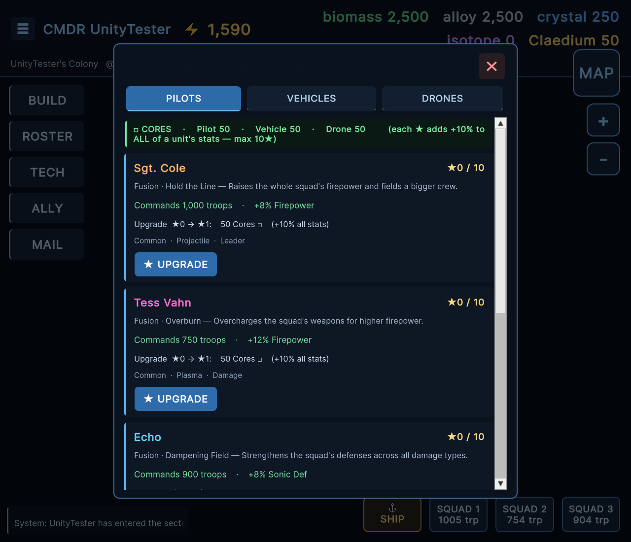 Squad roster — Pilots, Vehicles and Drones as upgradeable cards
